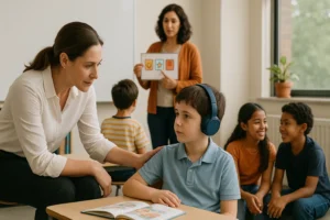 Professora interagindo com criança autista usando fones de ouvido em sala de aula inclusiva, com colegas ao fundo e apoio visual sendo apresentado por outra educadora.