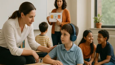 Professora interagindo com criança autista usando fones de ouvido em sala de aula inclusiva, com colegas ao fundo e apoio visual sendo apresentado por outra educadora.