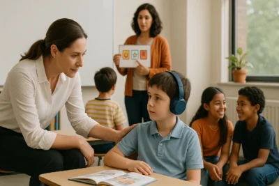 Professora interagindo com criança autista usando fones de ouvido em sala de aula inclusiva, com colegas ao fundo e apoio visual sendo apresentado por outra educadora.