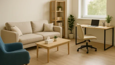 Consultório de psicologia moderno e acolhedor, com sofá bege, poltrona azul, mesa de centro em madeira clara e mesa de trabalho com notebook próxima à janela iluminada por luz natural.