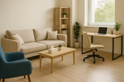 Consultório de psicologia moderno e acolhedor, com sofá bege, poltrona azul, mesa de centro em madeira clara e mesa de trabalho com notebook próxima à janela iluminada por luz natural.