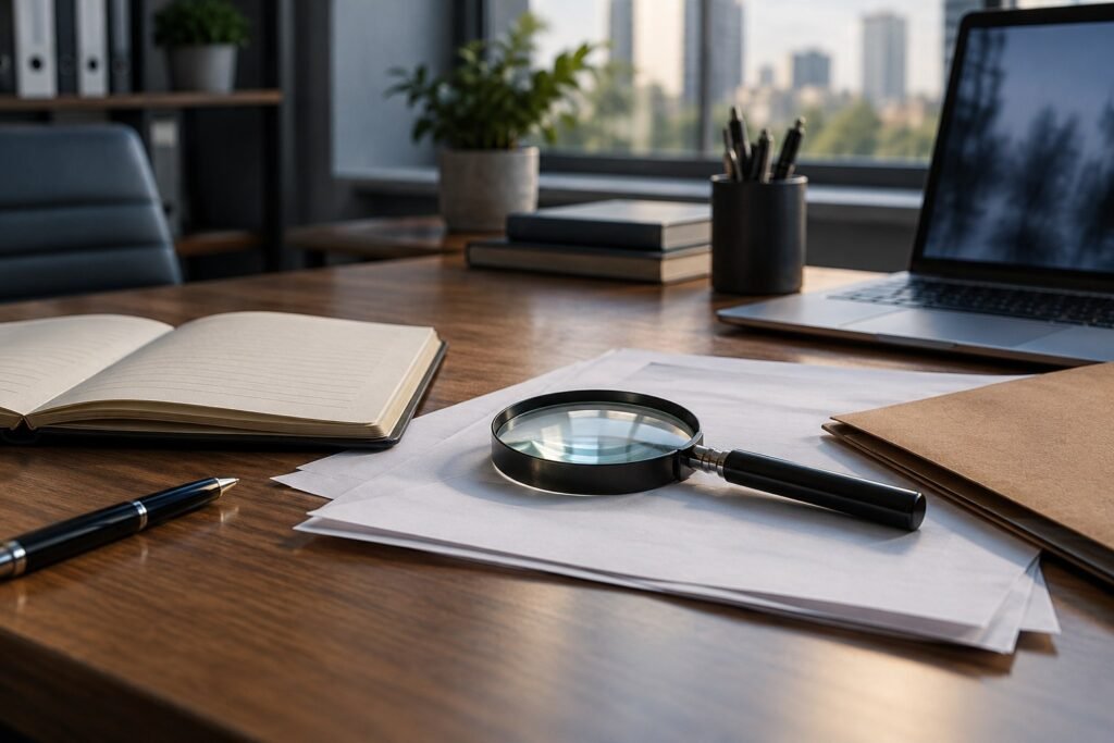 Mesa de trabalho com lupa, documentos e caderno, em imagem ilustrativa de investigação particular