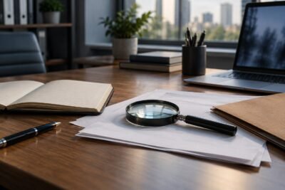 Mesa de trabalho com lupa, documentos e caderno, em imagem ilustrativa de investigação particular